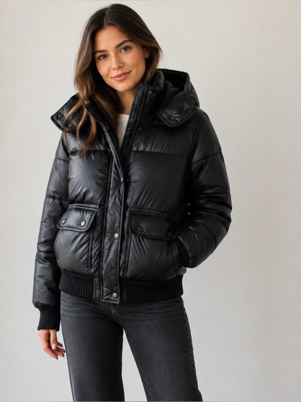 Abercrombie & Fitch Black Hooded Puffer Bomber Jacket S